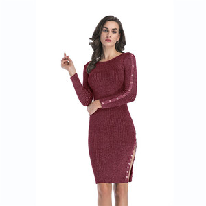 2019 Automne Hiver <span class=keywords><strong>O</strong></span> Cou À Manches Longues Tricoté Laine Boutons Latéraux de Split Dames Femmes Robe Moulante 2018 sexy - Product Image 4