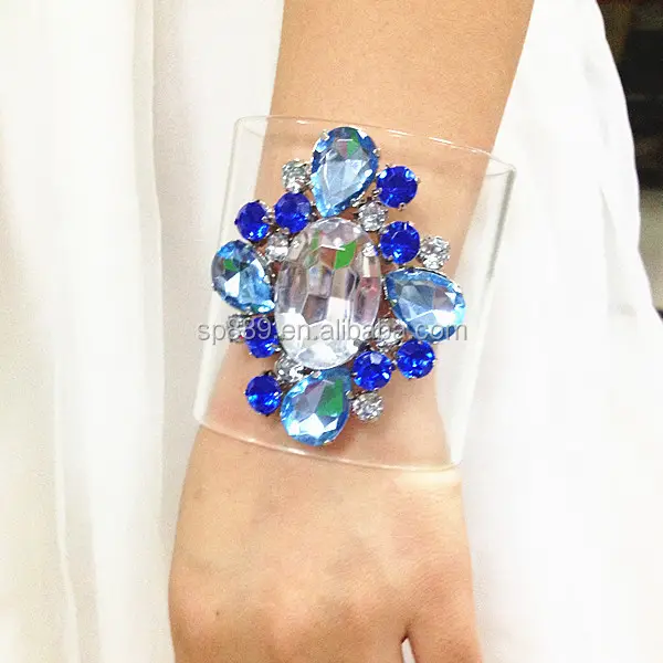 clear acrylic bracelets with bule acrylic diamonds resin cuff transparent bangle for women