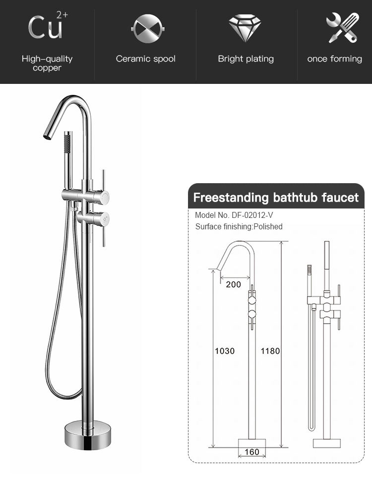 Floor Standing Tub Filler Modern Design Brass Stand Alone Double Handles Bathtub Faucet Floor Stand