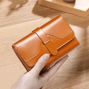 Cartera de cuero con cera de aceite para mujer, billetera pequeña de cuero con hebilla de cuero, estilo coreano, venta directa de fábrica