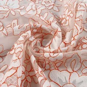 Chinese supplier mesh orange flower tulle lace fabric embroidery