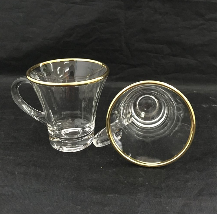 glass coffee mug with gold rim
