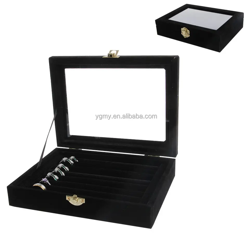Grau 8 Kabinen Samt Trage tasche mit Glas abdeckung Schmuck Ring Display Box Tablett halter Aufbewahrung sbox Organizer