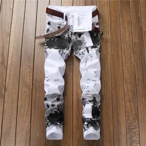 Men's Fashion Print Jeans Skinny Slim Fit Zipper Denim Pant Destroyed Frayed Trousers Denim Pants Y11045