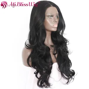 Perruque Lace Front wig longue ondulée noire 1B 20 pouces, perruque frontale à dentelle synthétique bon marché avec raie sur le côté aspect naturel pour femmes noires