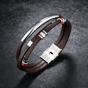 Marlary Retro Mens Marrone con <span class=keywords><strong>Perline</strong></span> Lungo Bar In Acciaio Inox Maschile Braccialetto Del Cuoio Genuino - Product Image 2