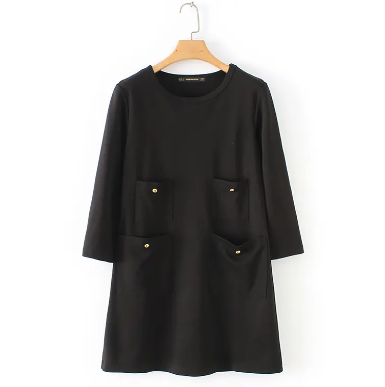 Fashion design o neck long sleeve black color women casual dresses with pockets