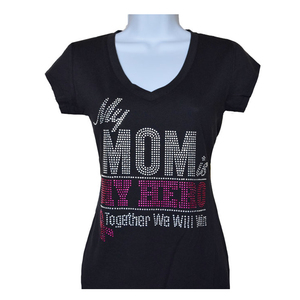 T-Shirt Personalizzata con Cristalli Termoadesivi 'My Mom Is My Hero Together We Will Win Breast Cancer' Produzione all'Ingrosso - Product Image 1