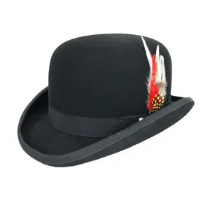 High Quality America Music Festival Black Hard Wool Felt Bowler Hat with Feather