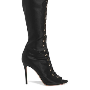 Bottes en satin à lacets pour femme, cuissardes noires, à talons hauts, entrejambe et cuisse - Product Image 4