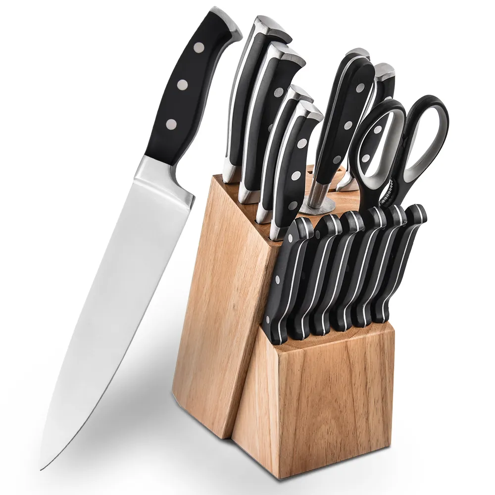Conjunto de facas de cozinha em 16 peças, faca de chef de aço inoxidável com bloco de madeira