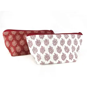 Custom red block print waterproof portable travel pouch cotton cosmetic bag