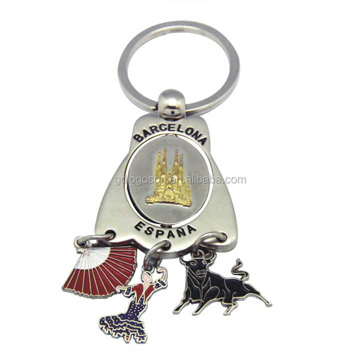 Spanish Flag Keychain With Bull & Matador Design - Gold/Silver, Large Ring, Gift Bag Included