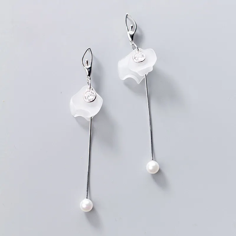 Fashion 925 Sterling Silver Dancing Lady Drop Earrings White Simulated Pearl Single CZ Dangle Earrings