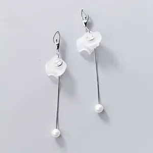 Fashion 925 Sterling Silver Dancing Lady Drop Earrings White Simulated Pearl Single CZ Dangle Earrings