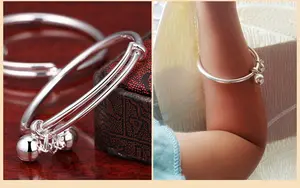 Bracelete e tornozeleira de prata esterlina 925, pulseira ajustável e lisa com sino para bebês e crianças