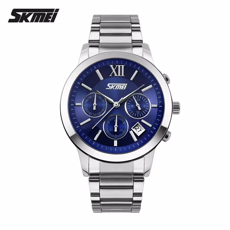 Azul del reloj SKMEI 9097 la China relojes fabricante de acero inoxidable de lujo para hombre relojes populares en el oeste de diseño personalizado