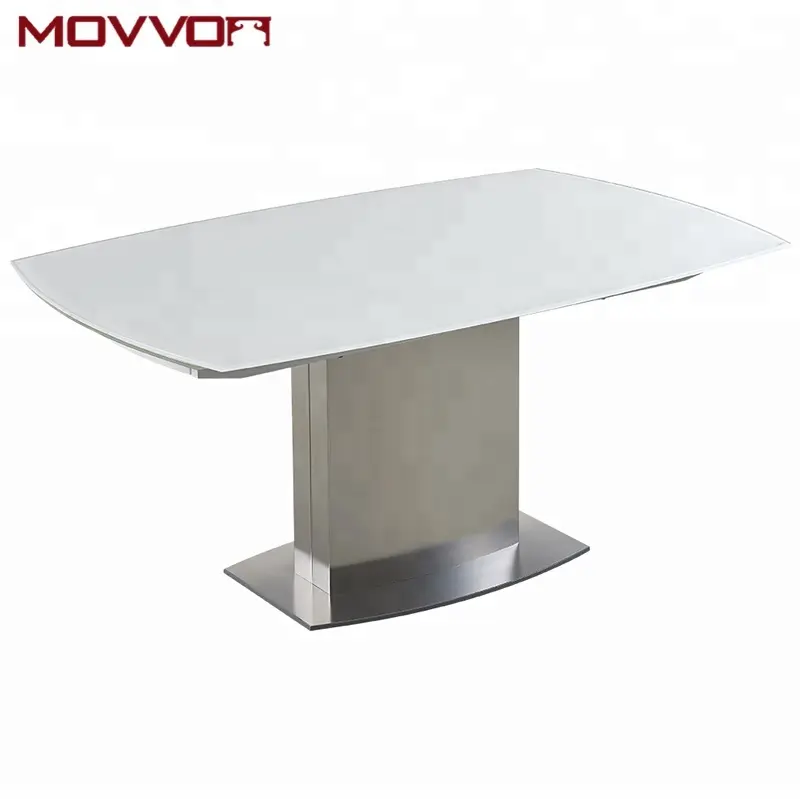 Modern ve çağdaş paslanmaz çelik yemek masası ile beyaz cam üst uzatma sehpa