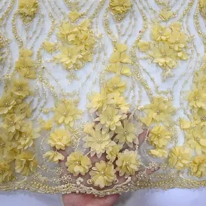 Sarı dantel kumaş yüksek kalite 3d dantel kumaş boncuk gelin düğün elbisesi örgü boncuklu dantel kumaş HY0830-4