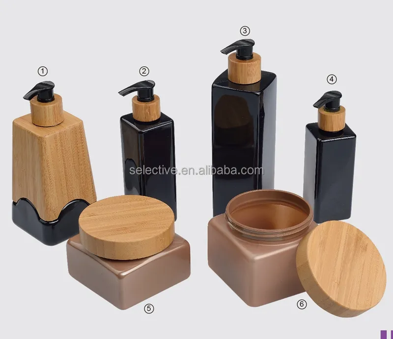 Bouteille d'emballage cosmétique en bambou, avec pompe, pot à crème carré, bouteille pulvérisateur de lotion, en PET de ml