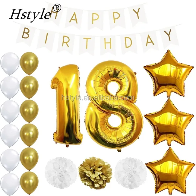 18 anos de idade decorações para festas de aniversário, adulto, bandeira de papel, balões de ouro, pom, 18, acessórios de aniversário, set156