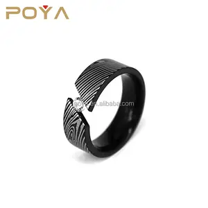 POYA Jewelry 8mm Women's Black Titanium Wedding Band Ring Engraved Damascus Steel Stripes Mokume Gane Cubic Zirconia Inlay Ring