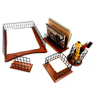 Office Supplies Wooden Base Desktop Accessories 4 Piece Metal Wire Desk Organizer Set