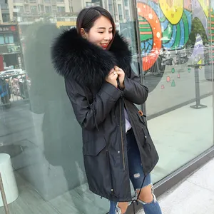 Fashion Wild Winter Parka Black Leather Coat Jackets With Fur Collar Cuffs For Women