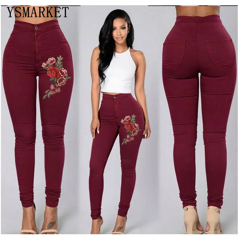 Women High Waist spring jeans streetwear Embroidered Skinny Stretch Pencil Long Slim Casual Leggings Jeans