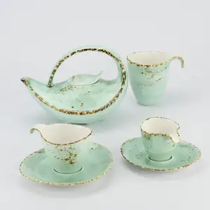 Orient tarzı seramik YEŞİL ÇAY fincan seti/renkli kenarlı ince kemik çini Çin çay seti