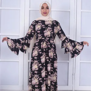 Yeni Varış Abaya Dubai Çiçek Baskı Fırfır Kalın Akşam Müslüman Elbise Kaftan Hamile Kadınlar Baju Kurung Batik Modern