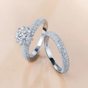 Conjunto anéis de prata esterlina 925, joia para casal compromisso noivado diamante zircônia