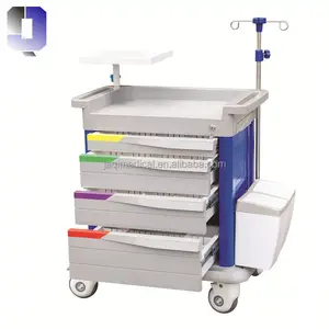 JQ-659 Perlengkapan Medis Furnitur Rumah Sakit Keranjang Darurat dengan Rak Defibrillator dan Empat Laci