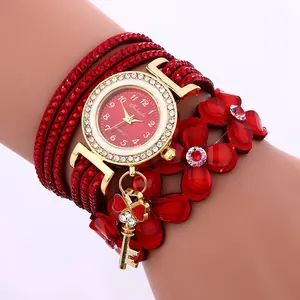 Fashion Flowers Diamonds Watches Women Leather Woven Wrap Dial Analog Quartz Wrist Watch Ladies Bracelet Rhinestone Watches