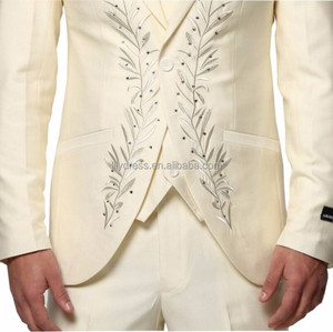 Traje de Moda Color Marfil (Chaqueta+Pantalones+Chaleco), <span class=keywords><strong>Trajes</strong></span> Personalizados de Color Sólido con Pedrerí<span class=keywords><strong>a</strong></span>, Traje de Boda para Hombre, Traje Bordado de Tres Piezas, Esmoquin - Product Image 5