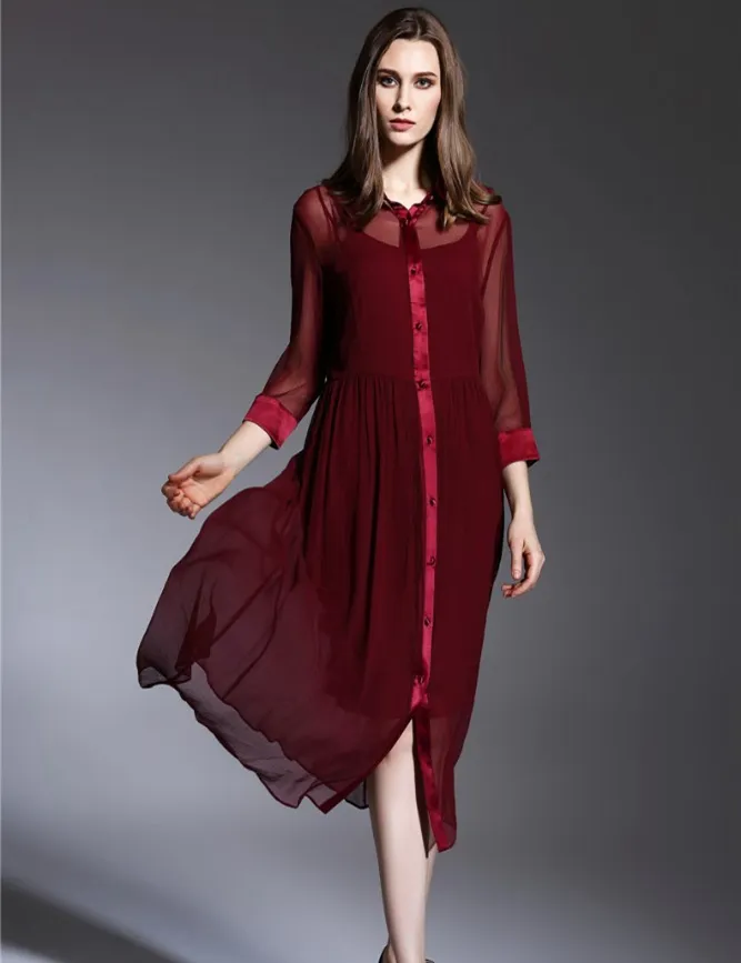 women plus size plain color silk chiffon long 3/4 length sleeves shift dress with knitted slip dress inner