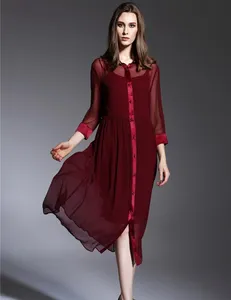 Frauen plus Größe einfarbig Seide Chiffon lange 3/4 Länge Ärmel Etui kleid mit gestricktem Slip Kleid innen