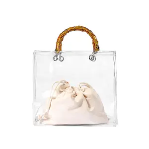 Bolso de mano transparente con mango de bambú para mujer, bolsa de mano de playa transparente de pvc con bolsa interior de lona