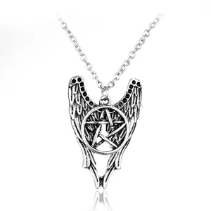 Fashion Men Type Antique silver Supernatural Castiel Wings Pentagram Necklace Pendant