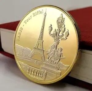 Moneda de la Torre Eiffel de Francia, Token de metal chapado en oro, 3D