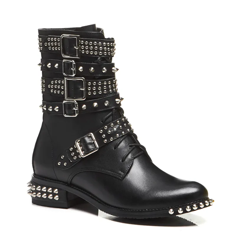 WETKISS Trendy Solid Black Ankle Boots Lace Up Square Heel Genuine Leather Motorcycle Boots Women Buckle Strap Punk Boots Rivets