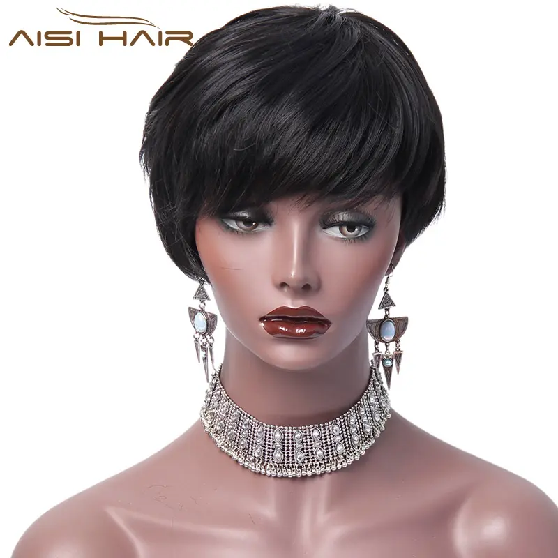Aisi Hair Wholesale New Design Short Silky Straight Pixie Cut Wigs With Bangs Synthetic Black Wigs For Black Black Women