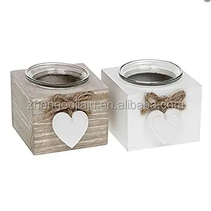 Prezzo promozionale portacandele cubo Tealight in legno rustico con ornamento a cuore per candela