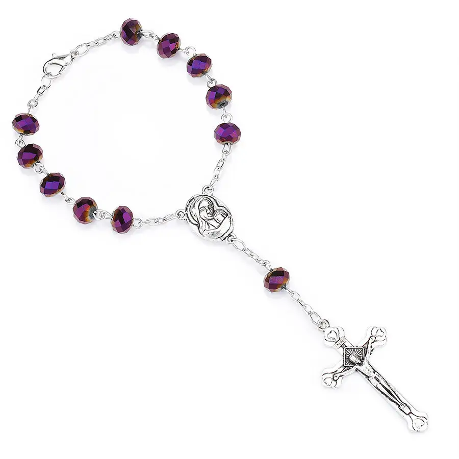 Bracelets en perles de cristal violet, bijoux religieux à la mode, prière catholique, chapelet, nouvelle collection BR0009