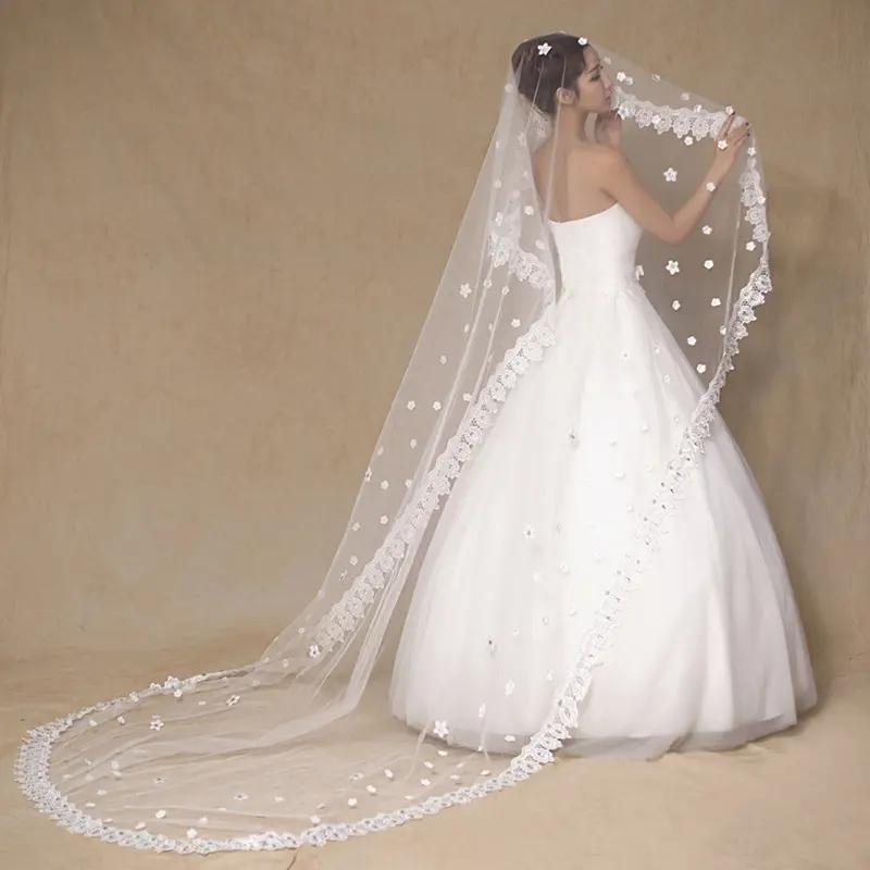 2020 Bruiloft Accessoires 3 M Ivoor Lange Bridal Veils Kralen Een Laag Kant Bloemen Wedding Veil Voor Bruid