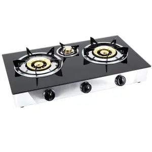 Placa de cocina de vidrio de marca personalizada, estufa de Gas de 3 quemadores, latón + infrarrojo