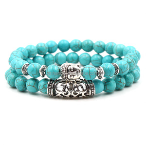 Braccialetto Yoga in Pietra Naturale Turchese con Buddha, Teschio di Leopardo, Drago, Leone, Gufo, Cane, Zampa, Corda Elastica per Uomo e Donna - Product Image 1