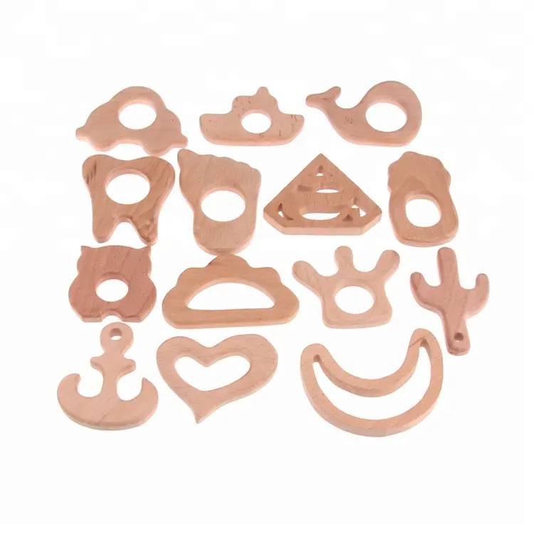 Wholesale Custom Decoration Animal Shape Baby Beech Natural Wooden Teether Beechwood Baby Teethers