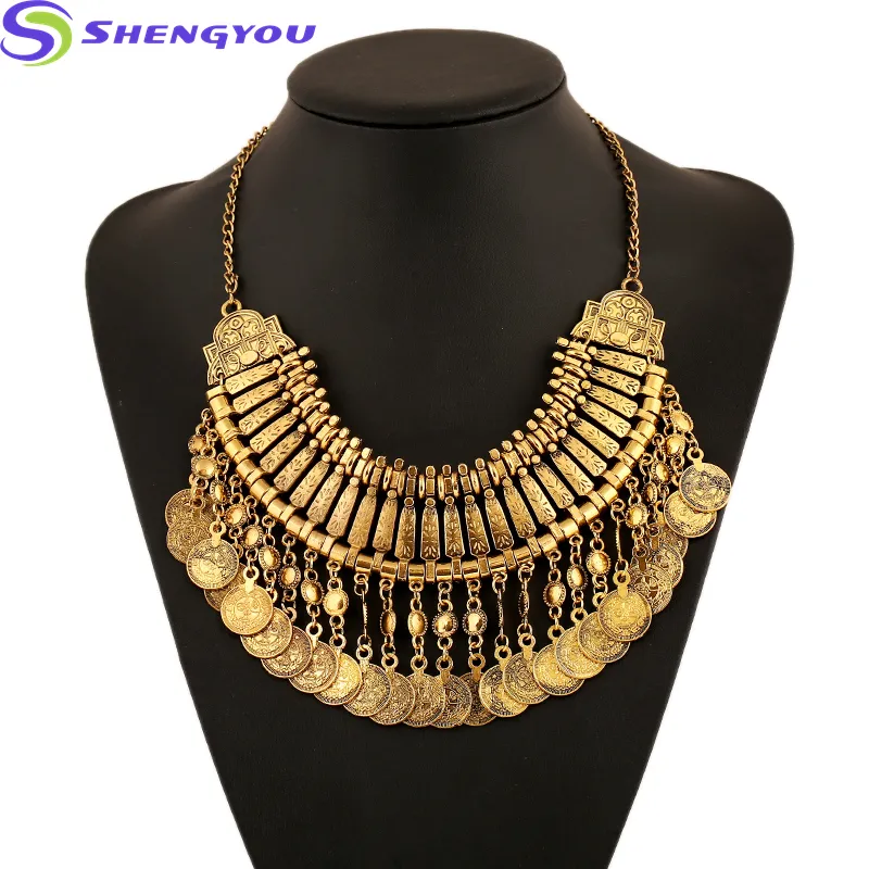 Women Jewelry Turkish Silver And Gold Exquisite Exaggerated Coin Bib Statement Necklace