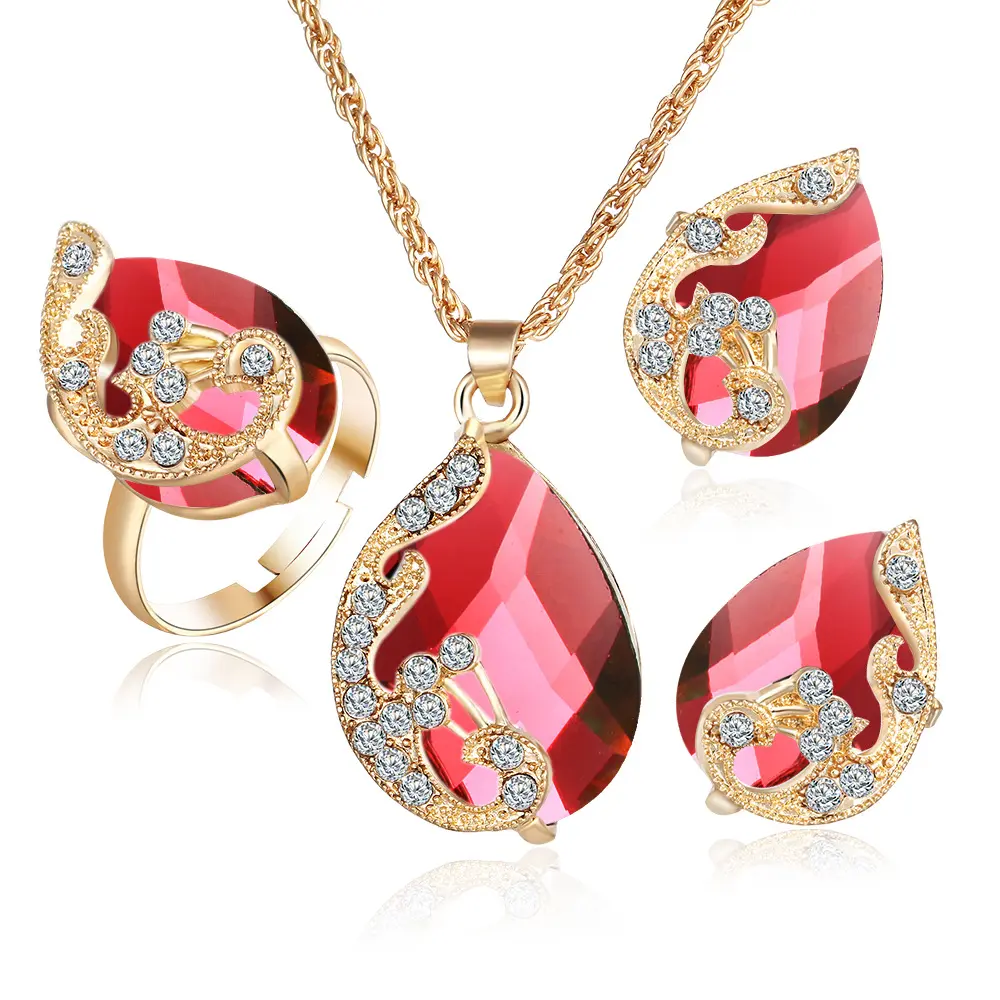 Luxury Crystal Jewelry, Ruby Gemstone with cz diamond Waterdrop Shape ring Wedding Crystal bridal jewelry set